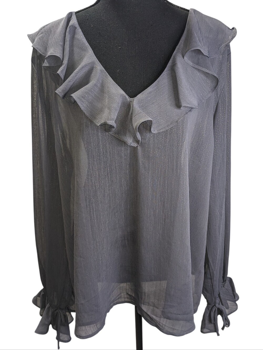 Monsoon NWT Gray With Silver Thread Ruffle V-Neck Sheer Blouse Size XL